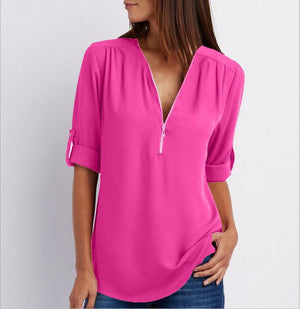 Women Short Sleeve Zip V-neck Shirt