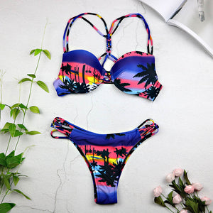 Women Leaf Print Bikini Halter Swimsuit