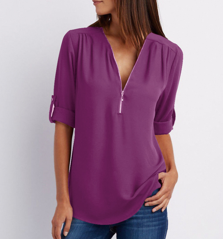 Women Short Sleeve Zip V-neck Shirt