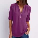 Women Short Sleeve Zip V-neck Shirt