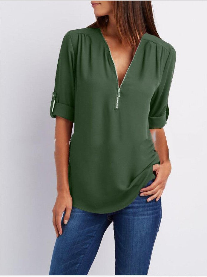 Women Short Sleeve Zip V-neck Shirt