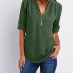 Women Short Sleeve Zip V-neck Shirt