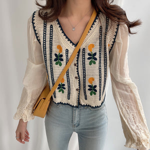 Embroidered Flowers Knitted Stitching Shirt