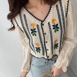 Embroidered Flowers Knitted Stitching Shirt