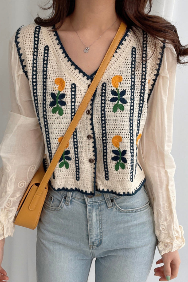 Embroidered Flowers Knitted Stitching Shirt