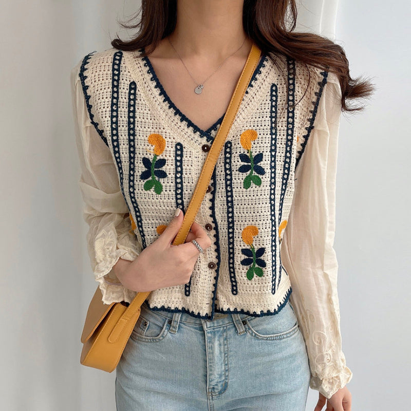 Embroidered Flowers Knitted Stitching Shirt