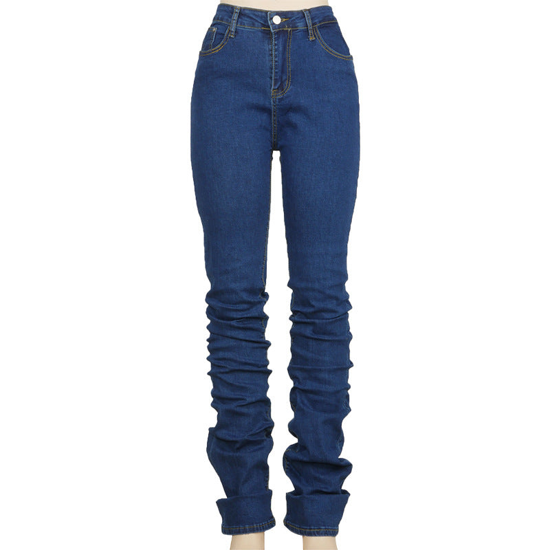 Women Ruched Denim Stacked Pant