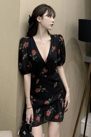 Women French Ruffled Floral Dress