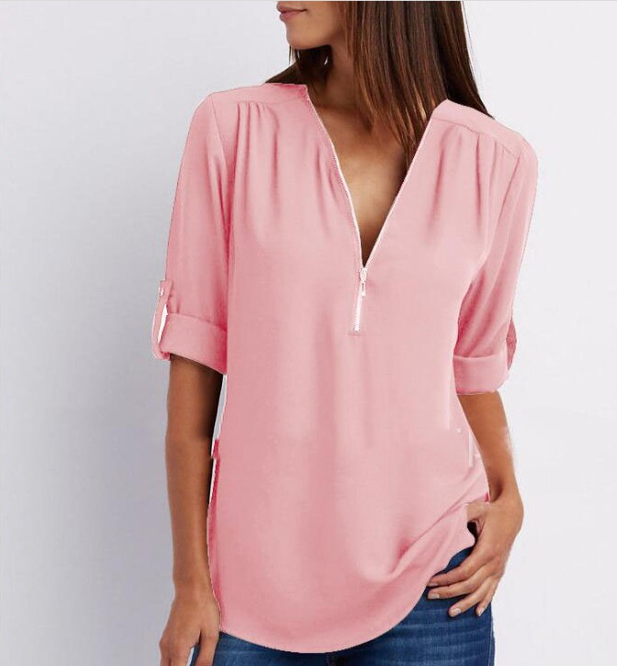 Women Short Sleeve Zip V-neck Shirt