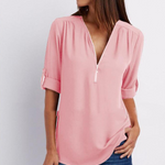 Women Short Sleeve Zip V-neck Shirt