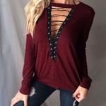 Women Lace up Tops Bandage V Neck Shirts