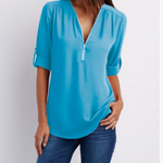 Women Short Sleeve Zip V-neck Shirt