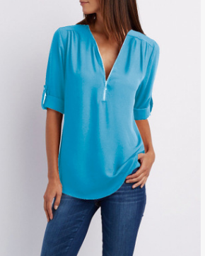 Women Short Sleeve Zip V-neck Shirt