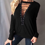 Women Lace up Tops Bandage V Neck Shirts