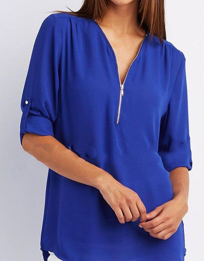 Women Short Sleeve Zip V-neck Shirt