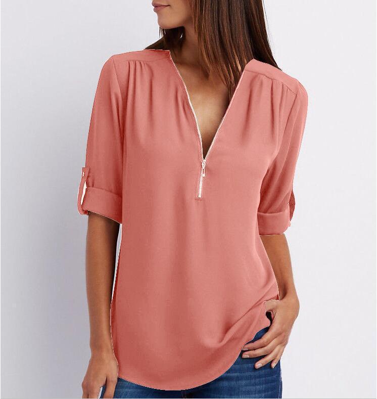 Women Short Sleeve Zip V-neck Shirt