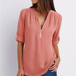 Women Short Sleeve Zip V-neck Shirt