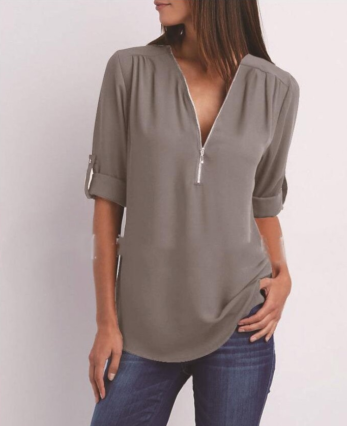 Women Short Sleeve Zip V-neck Shirt