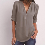 Women Short Sleeve Zip V-neck Shirt