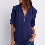 Women Short Sleeve Zip V-neck Shirt