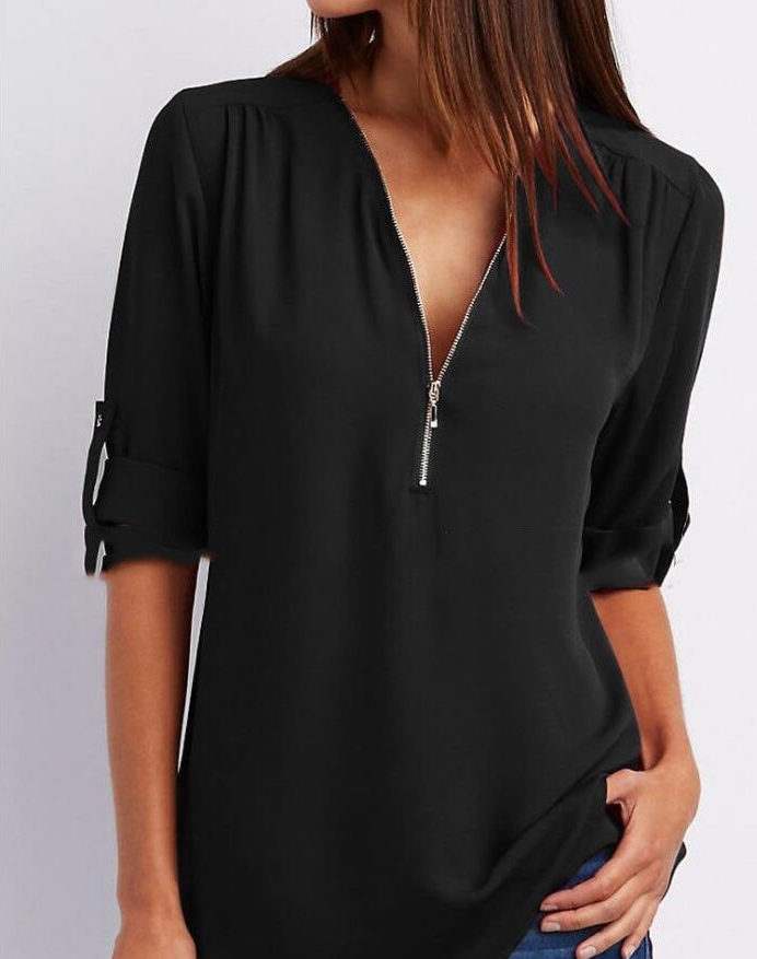 Women Short Sleeve Zip V-neck Shirt