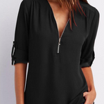 Women Short Sleeve Zip V-neck Shirt