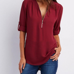 Women Short Sleeve Zip V-neck Shirt