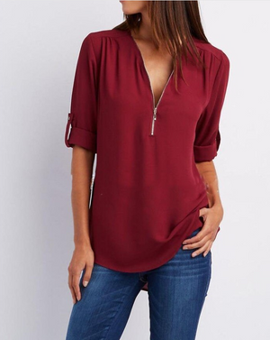 Women Short Sleeve Zip V-neck Shirt