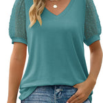 Women's V Neck Dot Puff Sleeve T-shirts