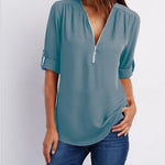 Women Short Sleeve Zip V-neck Shirt