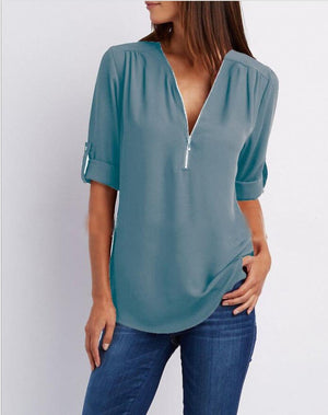 Women Short Sleeve Zip V-neck Shirt