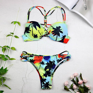 Women Leaf Print Bikini Halter Swimsuit