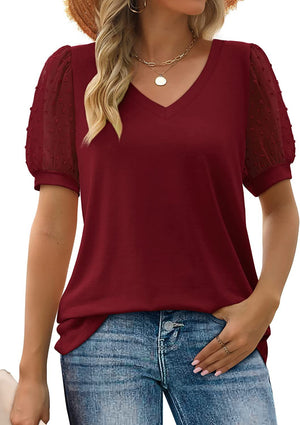 Women's V Neck Dot Puff Sleeve T-shirts