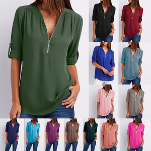 Women Short Sleeve Zip V-neck Shirt