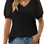 Women's V Neck Dot Puff Sleeve T-shirts