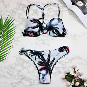 Women Leaf Print Bikini Halter Swimsuit