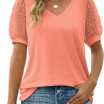 Women's V Neck Dot Puff Sleeve T-shirts