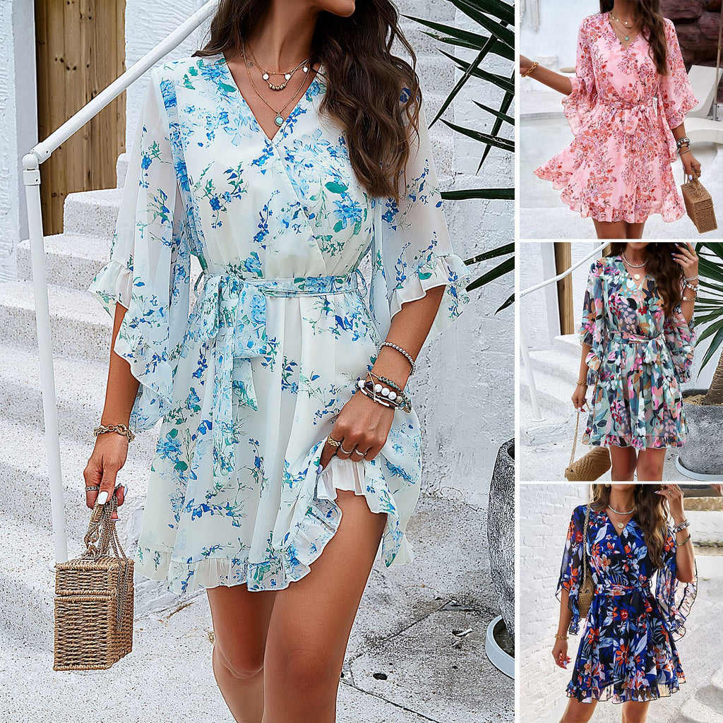 Summer Floral Print Short Sleeves Dress