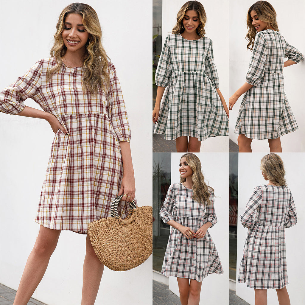 Women Loose Casual Pullover Plaid Dress