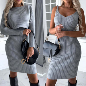 2 Piece Long-sleeved Top And Tight Suspender Skirt