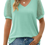 Women's V Neck Dot Puff Sleeve T-shirts